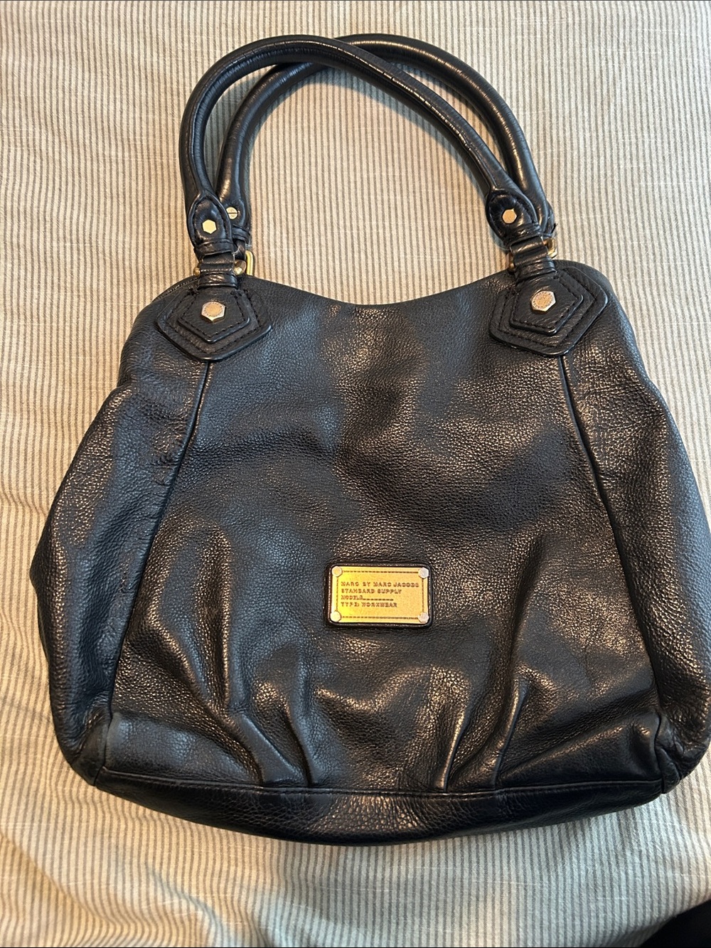Marc by Marc Jacobs Black Leather Shoulder Tote with Gold Plaque